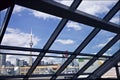 Looking through window view of Toronto cityscape through the window of the Billy Bishop Toronto City Airport Terminal