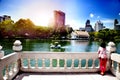 Lookout in Lumpini Park in Bangkok, Thailand. People enjoying nature Royalty Free Stock Photo