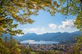 lookout from Oberriss, to tourist resort Schliersee and lake, autumnal scenery