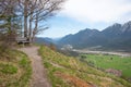 Lookout place Krepelschrofen with bench, view to wild Obere Isar river valley, bavaria Royalty Free Stock Photo