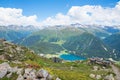 Lookout place parsenn ridgeway, view to lake Davos and swiss alps