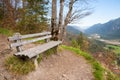 Lookout point Krepelschrofen with bench, view to wild Obere Isar river valley, bavaria Royalty Free Stock Photo