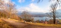 Lookout point Leeberg hill, view to lake Tegernsee, early springtime in march Royalty Free Stock Photo