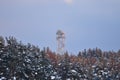 The lookout tower above the snow covered pine forest Royalty Free Stock Photo
