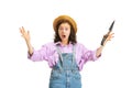 Excited young girl, gardener in work uniform and hat posing isolated on white background. Concept of job, emotions Royalty Free Stock Photo