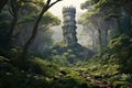 Solitary tower rising above the lush and