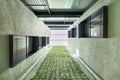 Lookup view of modern residential building with vertical gardening in Barcelona. Asymmetrically placed black windows and