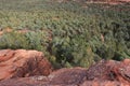 Loooking down over a red sandstone ledge in the mountains of Sedona at a valley filled with trees Royalty Free Stock Photo