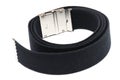 A loop of blue canvas belt with metal buckle against a white backdrop