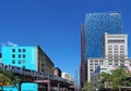 The Loop elevated commuter train and the new high rise building of Roosevelt University