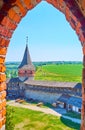 The Laska Tower and courtyard of Kamianets-Podilskyi Castle from the loophole, Ukraine Royalty Free Stock Photo