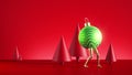 looping animation of a funny dancing green ball ornament with golden legs, actor playing on stage.