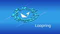 Loopring LRC isometric token symbol of the DeFi project in digital circle on blue background.