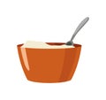 Loose ingredients in a ceramic bowl are mixed with a spoon. Ingredient and cookware for making dough, cookie or