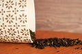 Loose leaf black tea spilling out of a patterned cup on a wooden surface Royalty Free Stock Photo