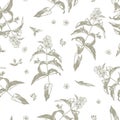 Loosestrife with flowers and grass leaves isolated on white background. Hand drawn vector seamless pattern Royalty Free Stock Photo