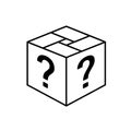 Loot box icon. Square cube outline box with question marks. Surprise gift symbol.