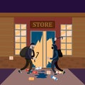 Looters with crowbar and bag make a store robbery, broken door, night. Robbers, scrap, criminal characters, crime scene Royalty Free Stock Photo