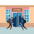 Looters with crowbar and bag make a store robbery, broken door. Robbers, scrap, criminal characters, crime scene. Vector