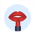 Woman`s lips and red pomade lipstick.