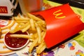 McDonald`s Large Fried Chicken Hamburger Menu + French Fries and Coke Drinks Royalty Free Stock Photo