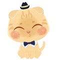 Lop-eared Beige Kitten in hat and collar with bow tie. Watercolor Illustration with cat.