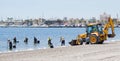 Lopagan, Murcia, Spain, May 20, 2020: Retired volunteer seniors clean the Mar Menor, the Europe's biggest salt water lagoon