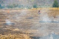 Lopburi, Thailand - February, 06, 2022 : Farmer burn straw in rice plantation for agriculture in Thailand Royalty Free Stock Photo