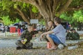 LOPBURI THAILAND, MARCH 24, 2019 : Thai cadets relax after completing the parachute training at Ban Tha Duea Drop Zone on March 24