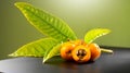 Loquat fruit or Japanese medlars, Nispero, Eriobotrya japonica with leaves fresh ripe bio vegetarian food