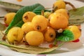 Loquats fruits with green leaves on plate close up