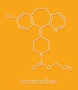 Loratadine antihistamine drug molecule. Used to treat hay fever, urticaria and allergies. Skeletal formula.