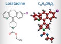 Loratadine C22H23ClN2O2 molecule. It is antihistamine, is used to treat allergies. Structural chemical formula and molecule model Royalty Free Stock Photo