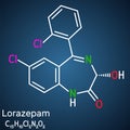 Lorazepam molecule. It is benzodiazepine with sedative, anxiolytic properties, used to treat panic disorders, severe anxiety,