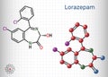 Lorazepam molecule. It is benzodiazepine with sedative, anxiolytic properties, used to treat panic disorders, severe anxiety,