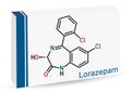 Lorazepam molecule. It is benzodiazepine with sedative, anxiolytic properties, used to treat panic disorders, severe anxiety,