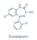 Lorazepam sedative and hypnotic drug benzodiazepine class molecule. Skeletal formula.