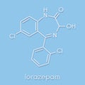 Lorazepam sedative and hypnotic drug benzodiazepine class molecule. Skeletal formula.