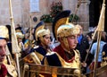 People dressed in Roman legionnaires clothes during the biblic `whites and blues` parades in the Easter Holidays in Lorca city