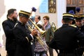 Trumpeters testing and rehearsing their musical instruments during Easter Holidays in Lorca City