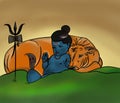 Lord bala or small Shiva sleeping on top of mountain near cow, siva is pantheom of Hinduism