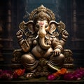 Lord Ganesh statue with flowers in the background. 3D illustration