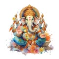 Ganesha statue, watercolor painting on white background, hand drawn illustration