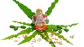 Lord ganesha idol placed on a fresh green leaf of ashoka or Saraca asoca tree with white background