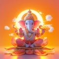 Lord Ganesha with a pink body, seated on a lotus throne orange background