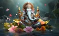 Lord ganesha sculpture on nature background. Ganesh Chaturthi greetings. Generative Ai