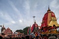 Lord Jagannatha Devi Subhadra Lord Baladeva Ã¢â¬â¢s Rath in front of Shree Jagannath Temple Puri Orissa