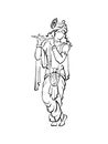 Lord Krishna in beautiful clothes and crown, playing bansuri flute. God of protection, love, compassion. Original sketch