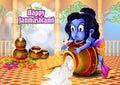 Lord Krishna eating makhan cream on Happy Janmashtami holiday Indian festival greeting background