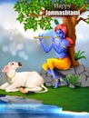 Lord Krishna eating makhan cream on Happy Janmashtami holiday Indian festival greeting background Royalty Free Stock Photo